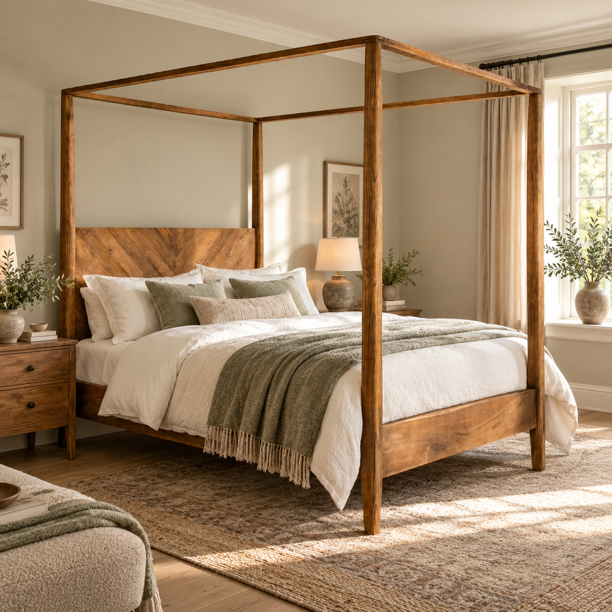 The Ashcombe Four Poster King Size Bed in reclaimed teak with a chevron headboard and slender tapered posts, dressed in cream linen and a sage throw in a sunlit bedroom.
