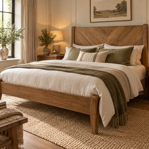 The Ashcombe King Size Bed in reclaimed teak with a tall chevron headboard and tapered legs, dressed in cream linen with sage cushions on a jute rug.