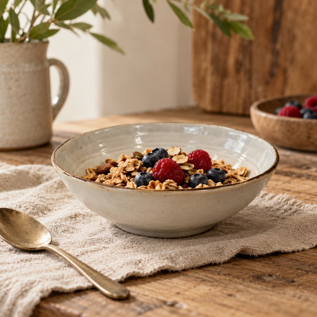 The Gable Collection Set of Four Stoneware Cereal Bowls, one bowl filled with granola and fresh berries, with a spoon on a linen napkin.