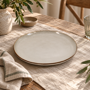 The Gable Collection Set of Four Stoneware Dinner Plates, a single soft beige plate with a fine brown rim and ridged rings, on a linen runner.