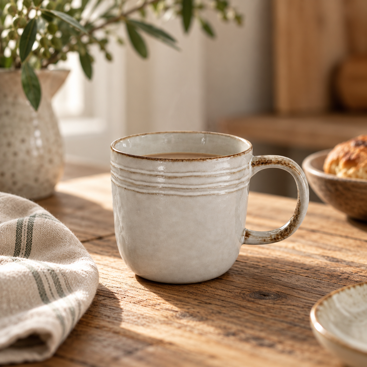 The Gable Collection Set of Four Stoneware Mugs, a single mug with ridged bands and a curved handle, beside a striped linen napkin.