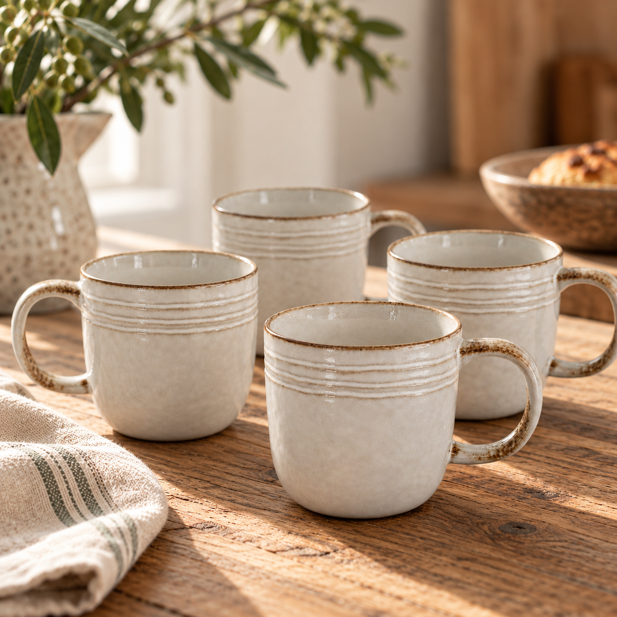 The Gable Collection Set of Four Stoneware Mugs, four soft beige mugs with ridged bands and brown rims on a rustic wooden table.