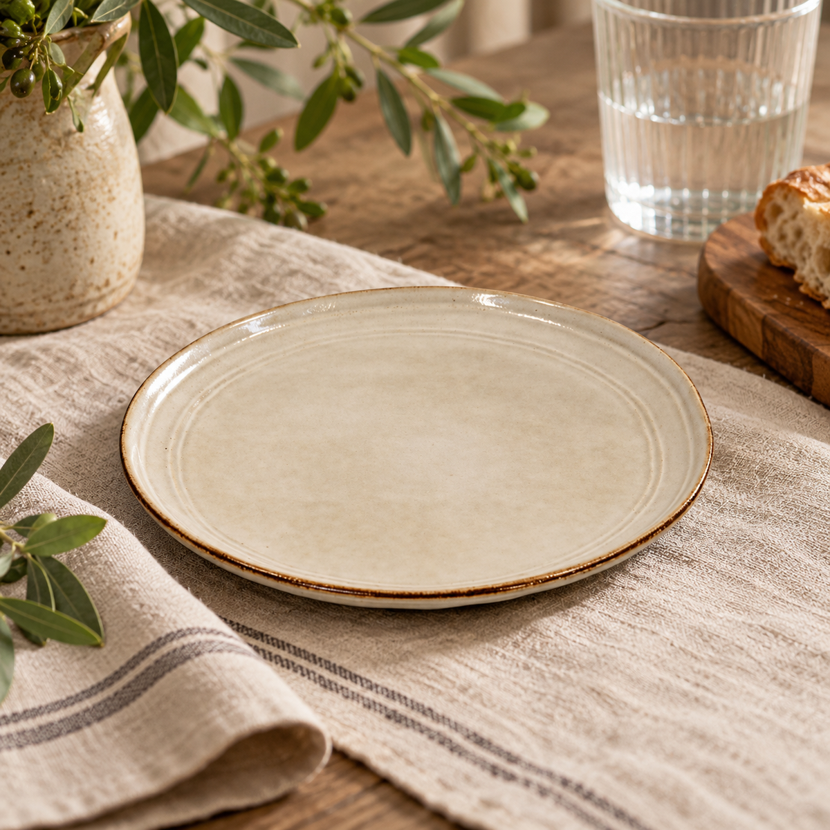 The Gable Collection Set of Four Stoneware Side Plates, a single soft beige side plate with a fine brown rim and ridged rings, on a striped linen runner.