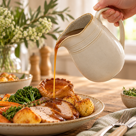 The Gable Collection Stoneware Jug, pouring gravy over a roast dinner with Yorkshire pudding and vegetables.