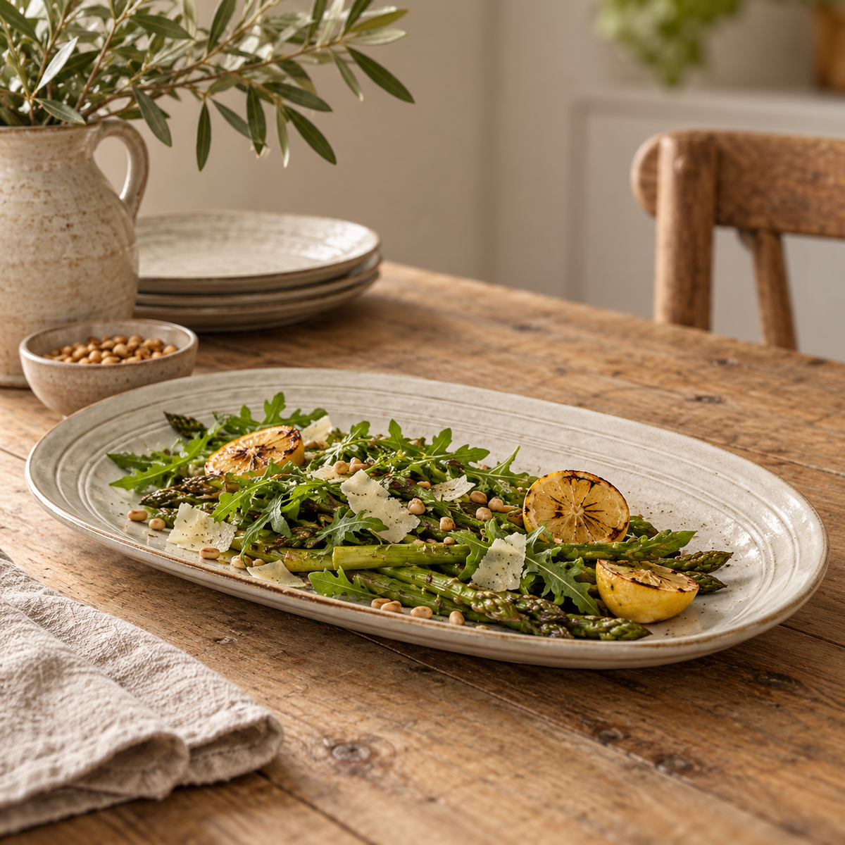 The Gable Collection Stoneware Large Oval Platter, topped with grilled asparagus, rocket, shaved cheese and charred lemon on a rustic wooden table.