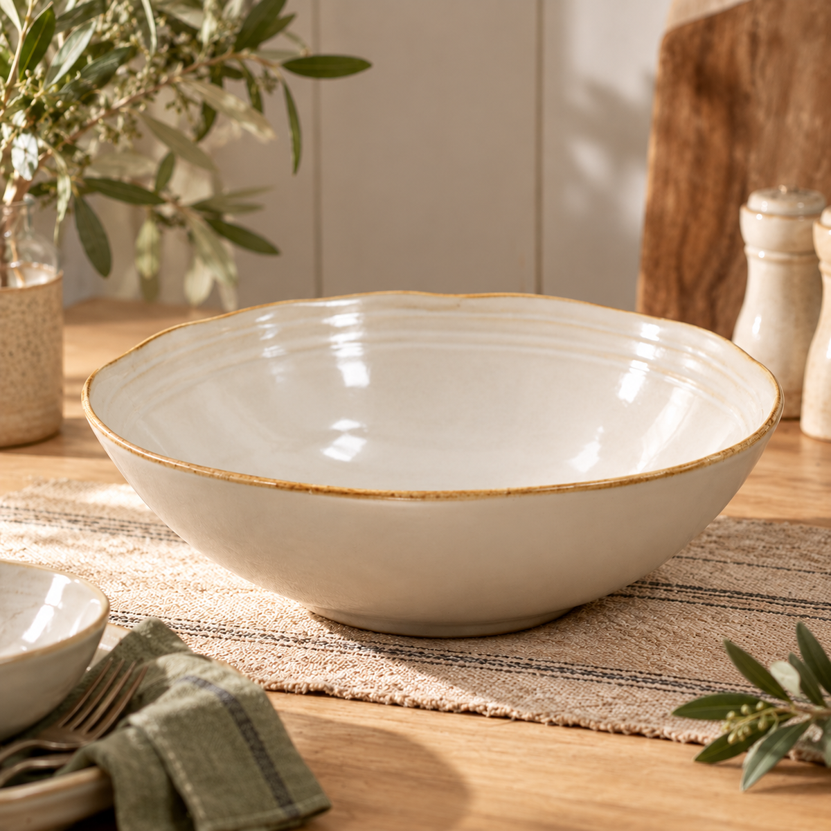 The Gable Collection Stoneware Salad Bowl, an empty soft beige serving bowl with a gently wavy brown rim, on a wooden dining table.