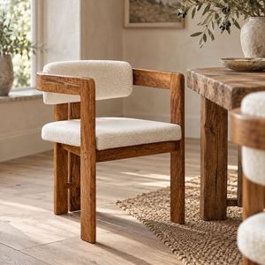 The Hawthorn Dining Chair in solid mango wood with a cream bouclé seat and curved back, beside a rustic wooden dining table on a jute rug in a sunlit room.