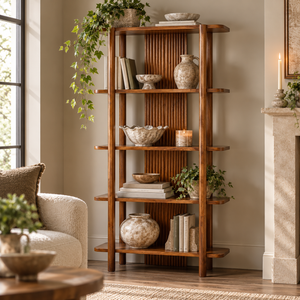 The Hawthorn Five Tier Mango Wood Shelf Unit styled with books, stoneware pots, candles and trailing plants beside a fireplace in a sunlit living room.