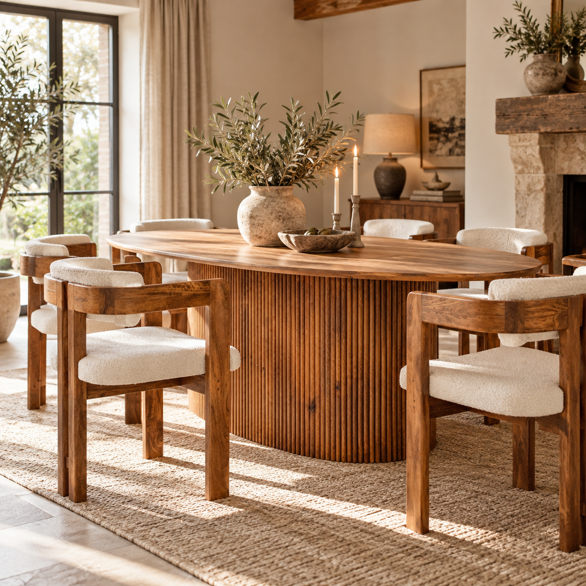 The Hawthorn Mango Wood Oval Dining Table with its reeded pedestal base, surrounded by Hawthorn bouclé dining chairs on a jute rug, with a stone vase of olive branches and candlesticks in a sunlit dining room.