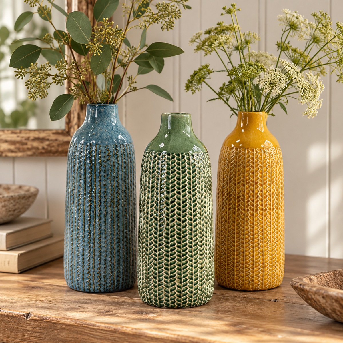 Three tall ceramic vases in blue, green and yellow with raised vertical detailing, styled with leafy branches on a rustic wooden table in a warm, neutral interior.