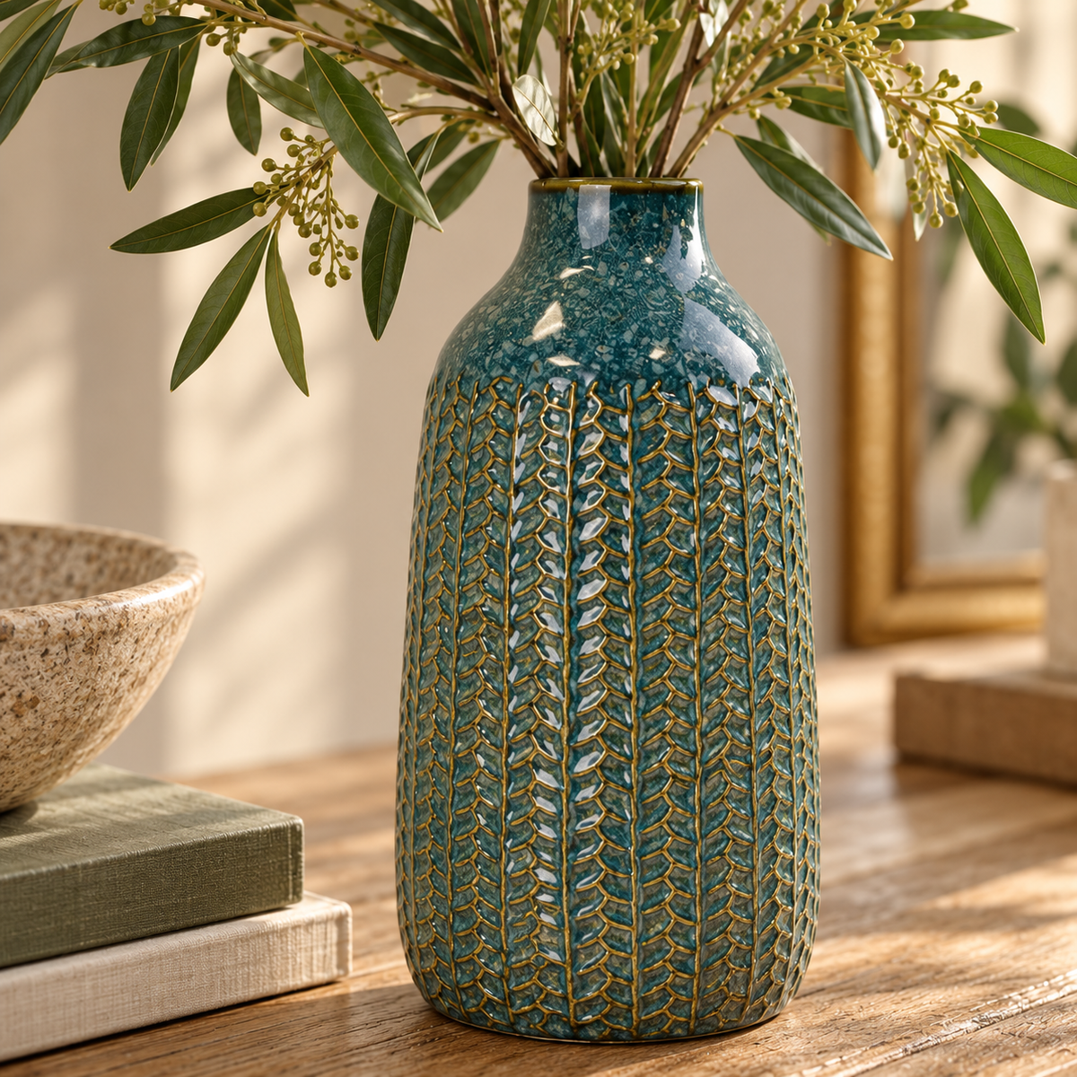 Close-up of a teal ceramic vase with an intricate raised textured pattern, styled with greenery on a rustic wooden table.