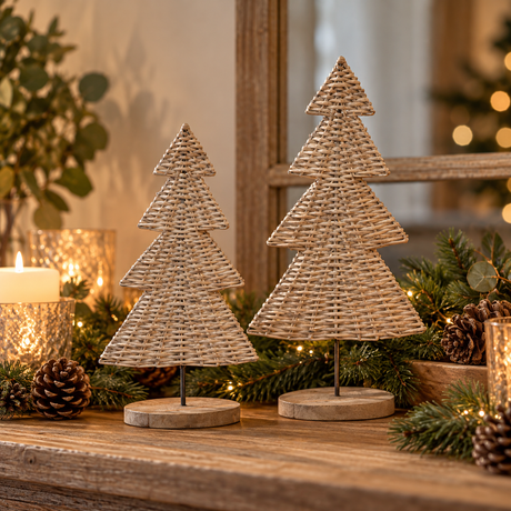 Medium and large woven wicker trees on wooden bases on a sideboard with candles, pinecones and greenery
