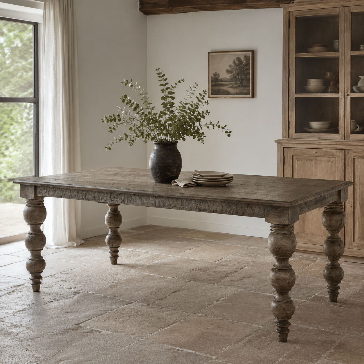 A rustic farmhouse dining table with distressed grey-brown wood and turned legs, styled in a bright dining room with a vase of greenery and plates on top.