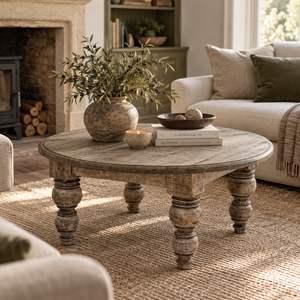 Round rustic wooden coffee table with turned legs in a cosy living room setting, styled with a vase of greenery, candles, and books.
