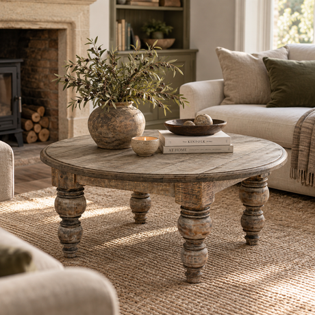 Round rustic wooden coffee table with turned legs in a cosy living room setting, styled with a vase of greenery, candles, and books.