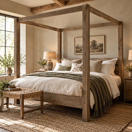 The Timberfell Four Poster King Size Bed in chunky weathered reclaimed wood, dressed in cream linen and a sage throw in a beamed bedroom with a woven bench at its foot.