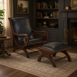 Tierra black leather chair with footstool in a cosy traditional study setting by a fire