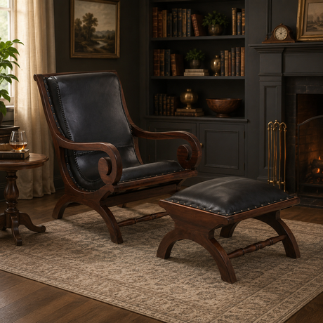 Tierra black leather chair with footstool in a cosy traditional study setting by a fire