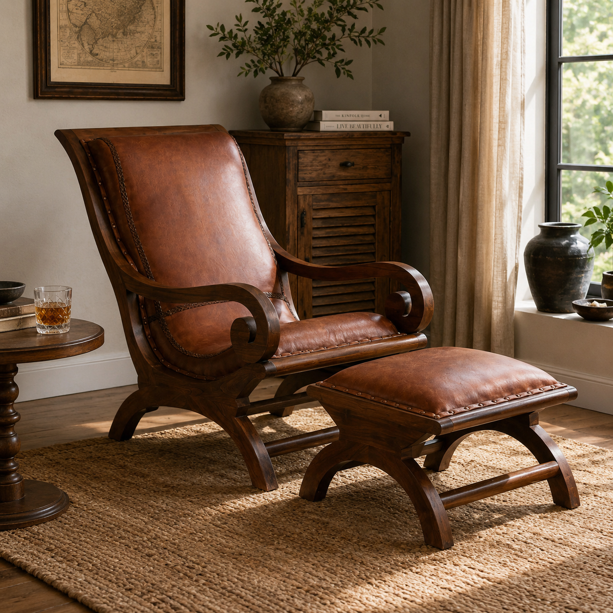 Tierra Brown Leather Chair With Footstool
