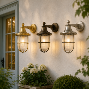 Three outdoor wall lanterns on a building exterior with plants below.