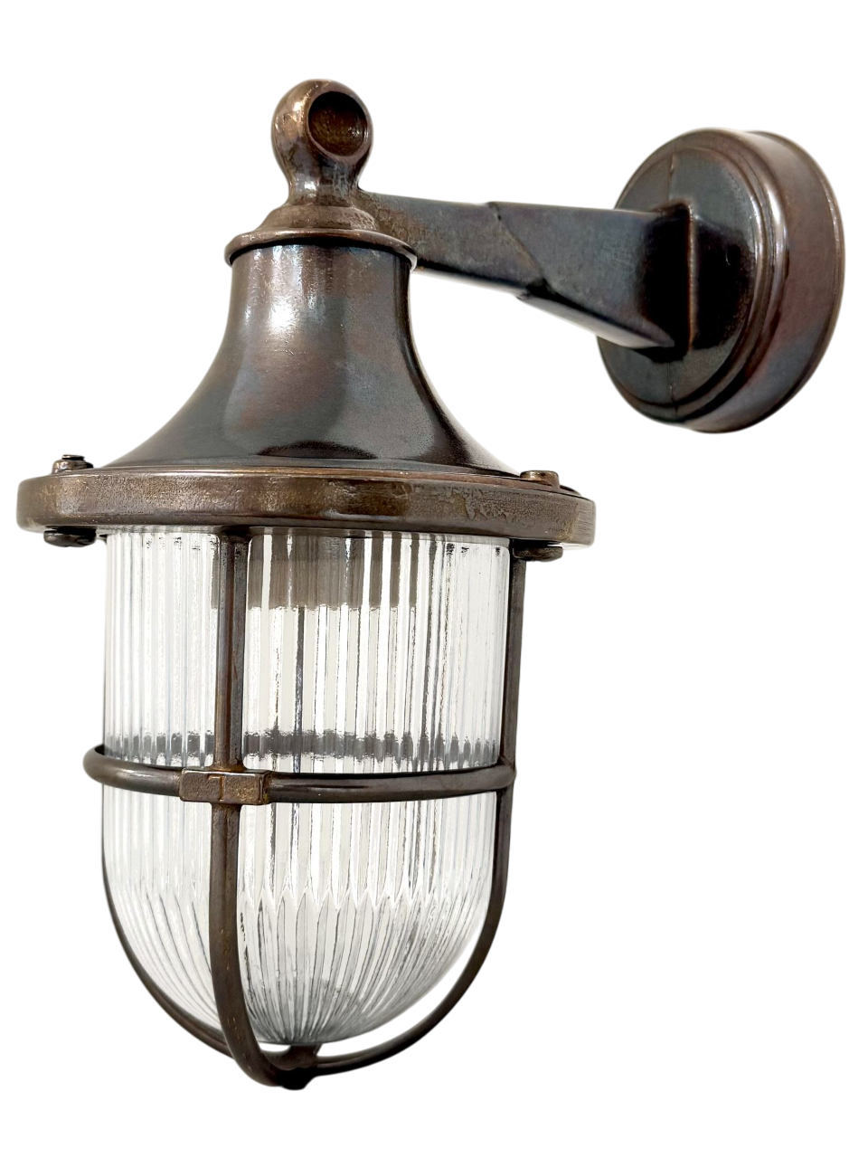 Bronze outdoor wall light fixture with clear glass shade on a white background