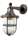 Bronze outdoor wall light fixture with clear glass shade on a white background