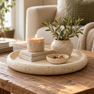Tivoli Travertine Round Tray styled on a rustic wooden coffee table with books, candle and vase.