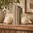 Tivoli Travertine Set of Two Spherical Bookends, natural travertine stone bookends holding a set of decorative books on a rustic wooden mantel, with a ceramic vase and framed art in the background.