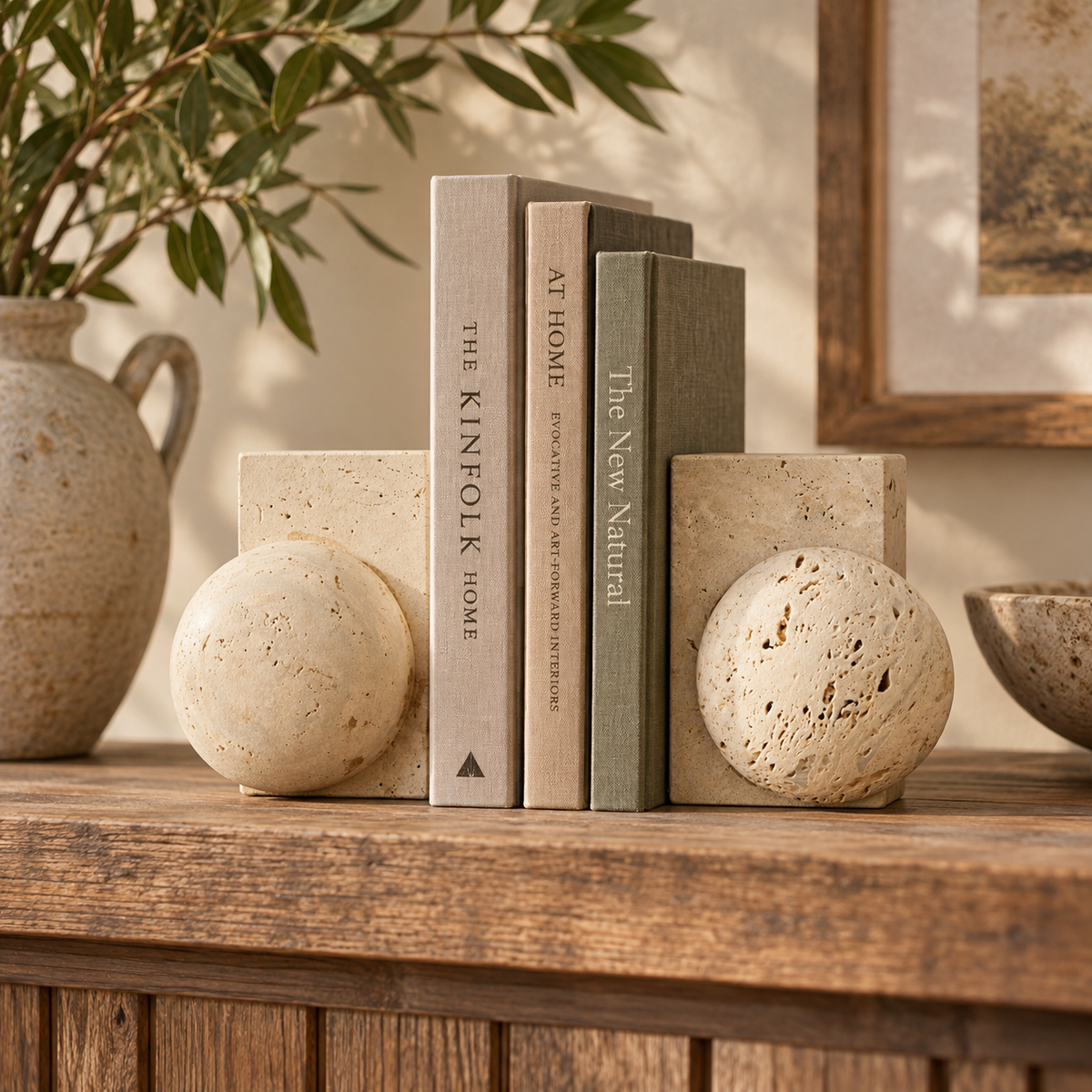 Tivoli Travertine Set of Two Spherical Bookends, natural travertine stone bookends holding a set of decorative books on a rustic wooden mantel, with a ceramic vase and framed art in the background.