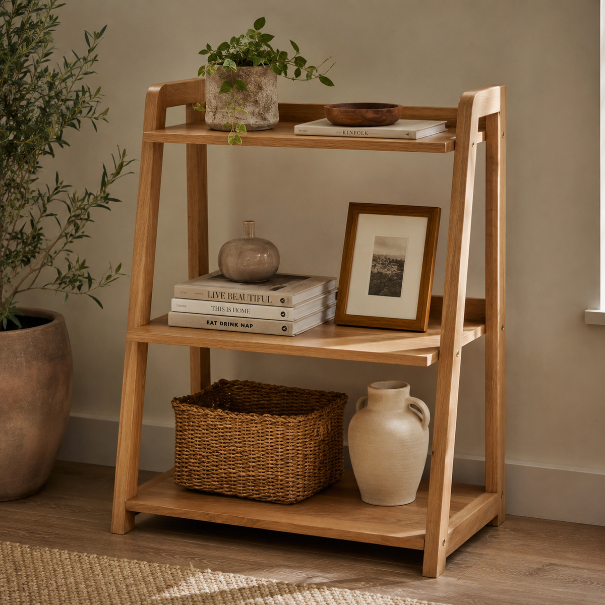 A three-tier wooden ladder shelf with open sides, styled with books, a potted plant, a vase, a framed picture, a wicker basket, and a ceramic jug in a warm, neutral room setting.