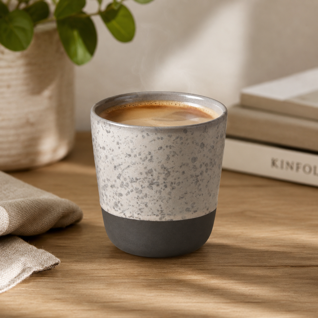 Speckled ceramic cup with a dark base on a wooden surface, with a plant and books in the background.