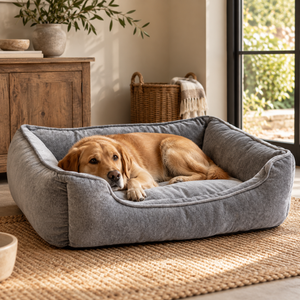 Golden retriever lying in the Velvet Grey Dog Bed on a jute rug beside a rustic wooden cabinet and a wicker basket