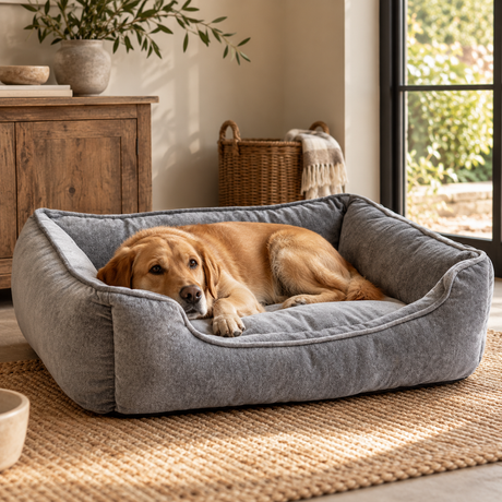Golden retriever lying in the Velvet Grey Dog Bed on a jute rug beside a rustic wooden cabinet and a wicker basket