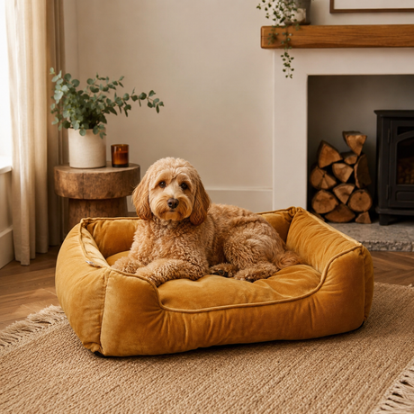 Dog sitting on a plush yellow dog bed in a cosy living room with a fireplace and plants.
