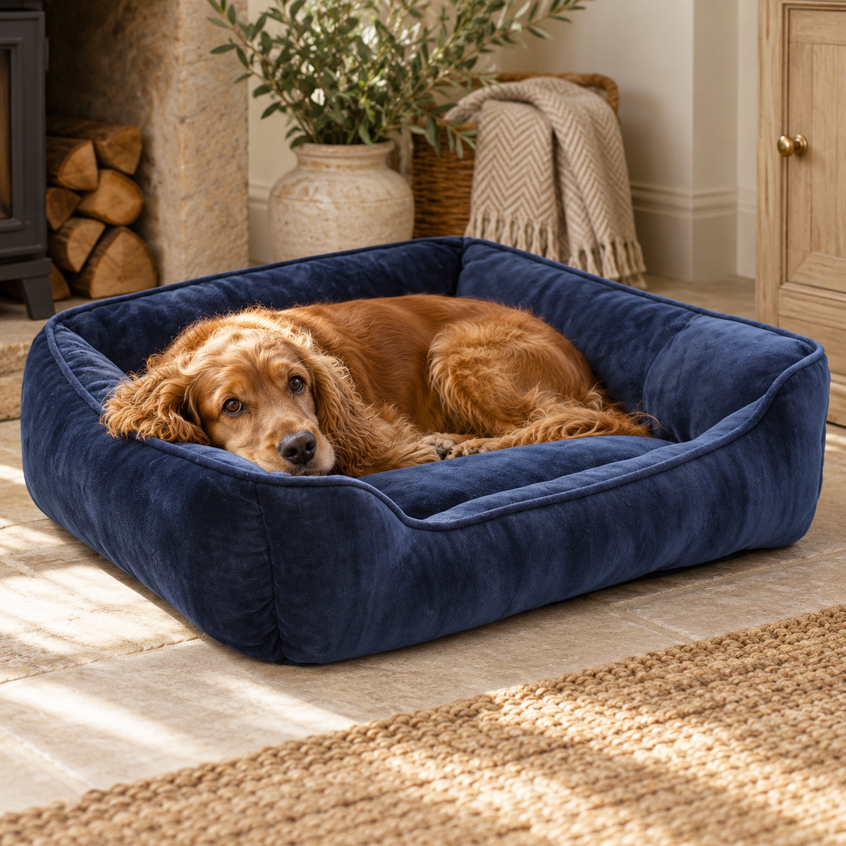 Cocker spaniel asleep in the Velvet Navy Dog Bed on a sunny stone floor by a log store
