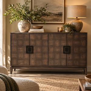 An antique grey wood sideboard cabinet with a textured grain pattern and black square handles, styled in a warm living room setting with a lamp, books, and potted plants.