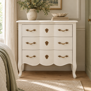 Vienne 3 Drawer White Chest in a bedroom, styled with a vase of olive branches, a bowl and books beneath a framed picture