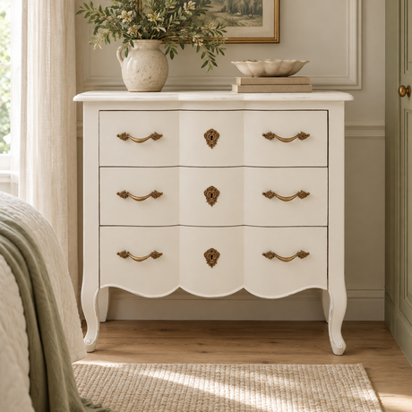 Vienne 3 Drawer White Chest in a bedroom, styled with a vase of olive branches, a bowl and books beneath a framed picture