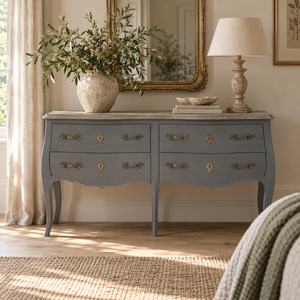 Vienne 4 Drawer Double Chest of Drawers in a bedroom beneath a gilt mirror, styled with a vase of olive branches and a table lamp