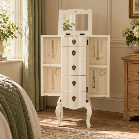 Vienne 5 Drawer Small White Chest With Jewellery Storage in a bedroom, with its side doors and mirrored lid open to show hanging necklaces
