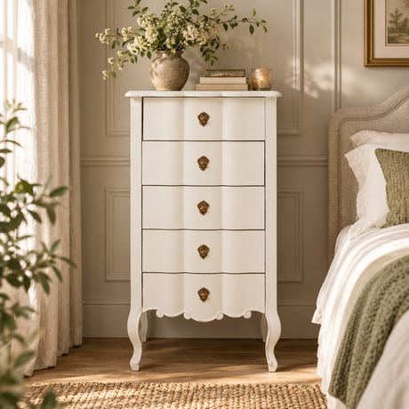 Vienne 5 Drawer White Tall Chest of Drawers in a bedroom beside the bed, styled with a vase of greenery and books