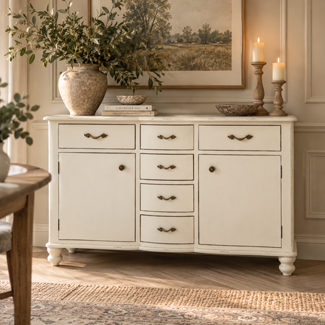 An off-white wooden sideboard cabinet with distressed dark brown handles, styled in a warm, elegant room with a large ceramic vase, candles, and framed art.