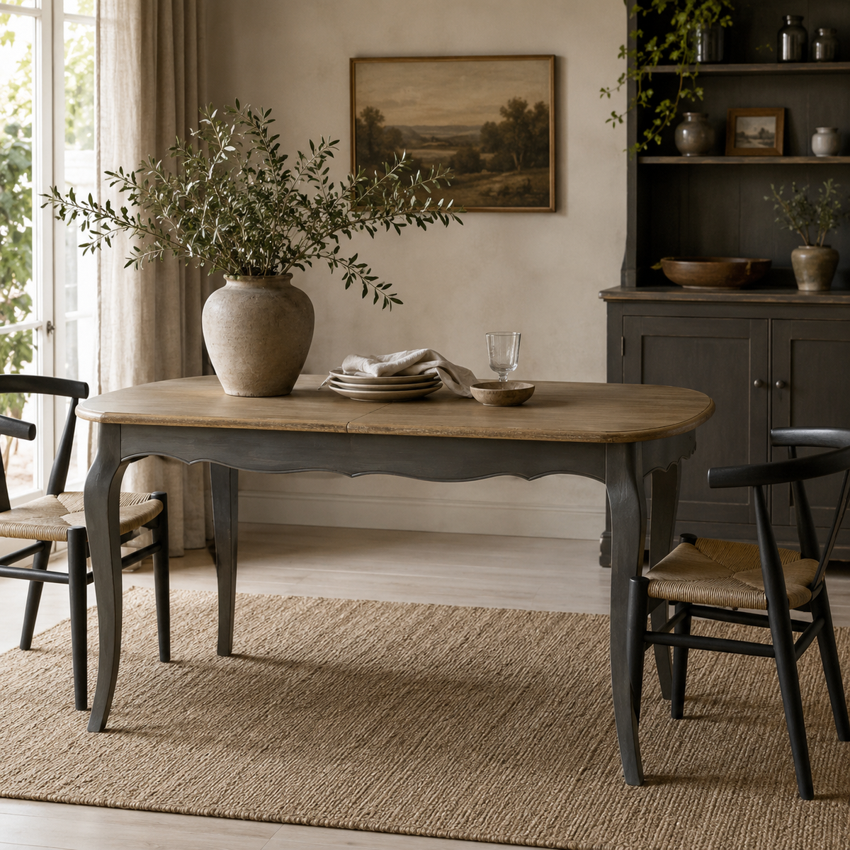 A rustic dining table with a light oak top and dark grey carved legs, styled in a cosy room with chairs, a woven rug, and a large vase of greenery on top.