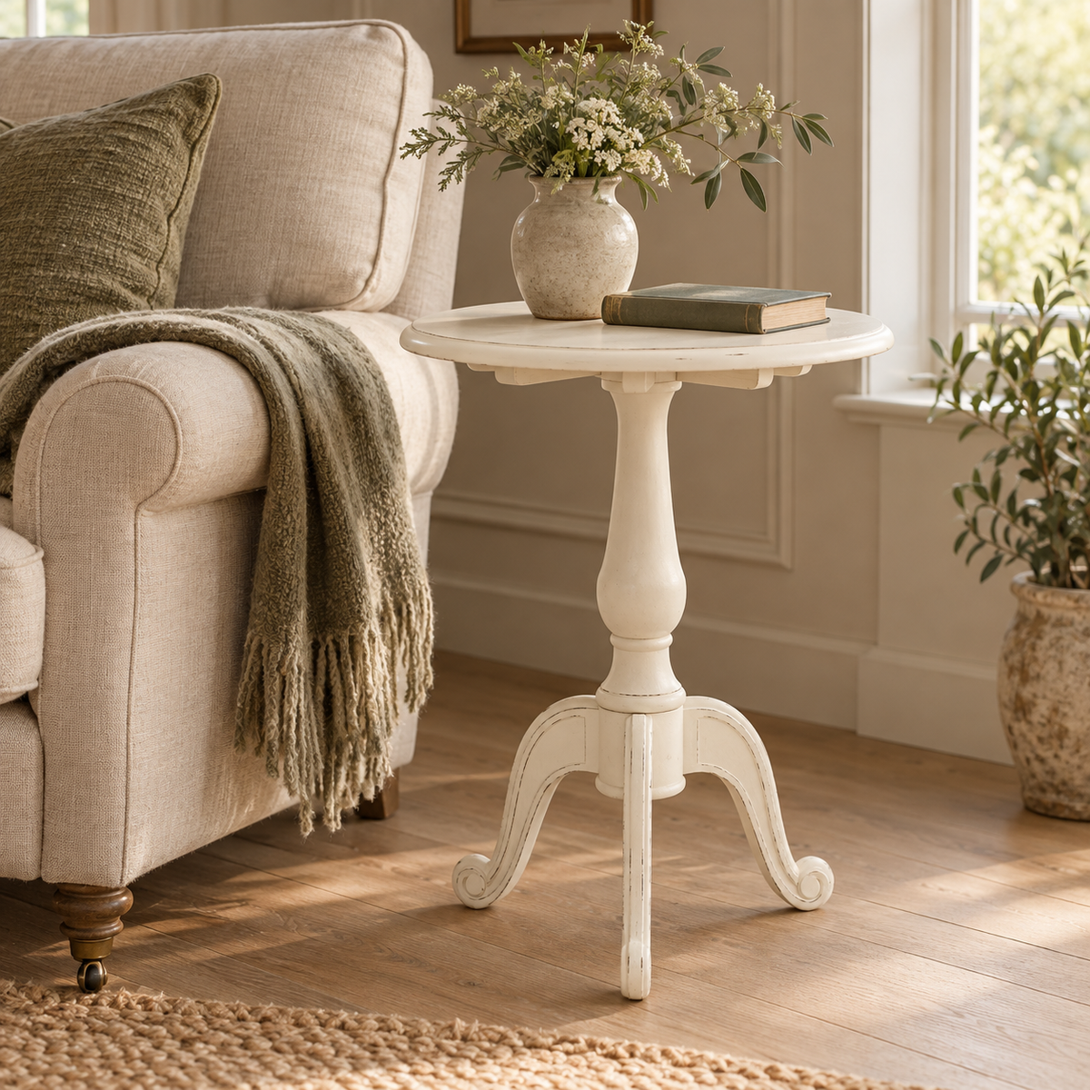 Vienne Round White Pedestal Table beside a linen armchair with a vase of foliage and a book