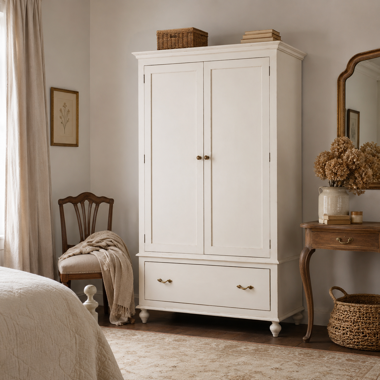 White wardrobe in a bedroom with wooden chair and table.
