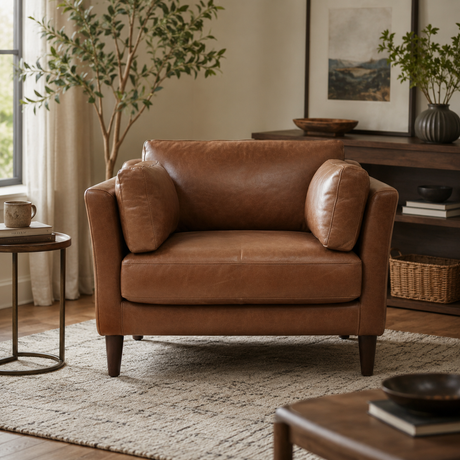 Vintage leather Adina armchair in a cosy room setting