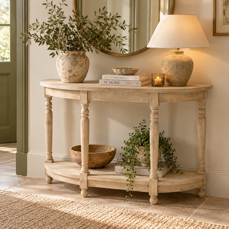 A light natural wood console table styled in a warm, neutral-toned entryway with a lamp, potted plant, books, and a bowl on its shelves.