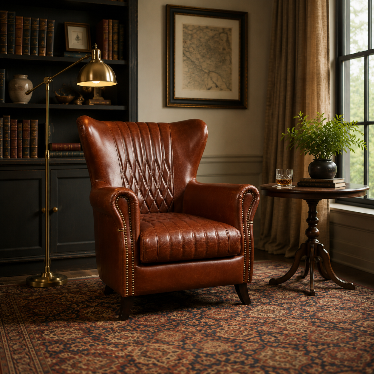 Vintage leather Aston club chair in a traditional room setting with a patterned rug and a gold floor lamp