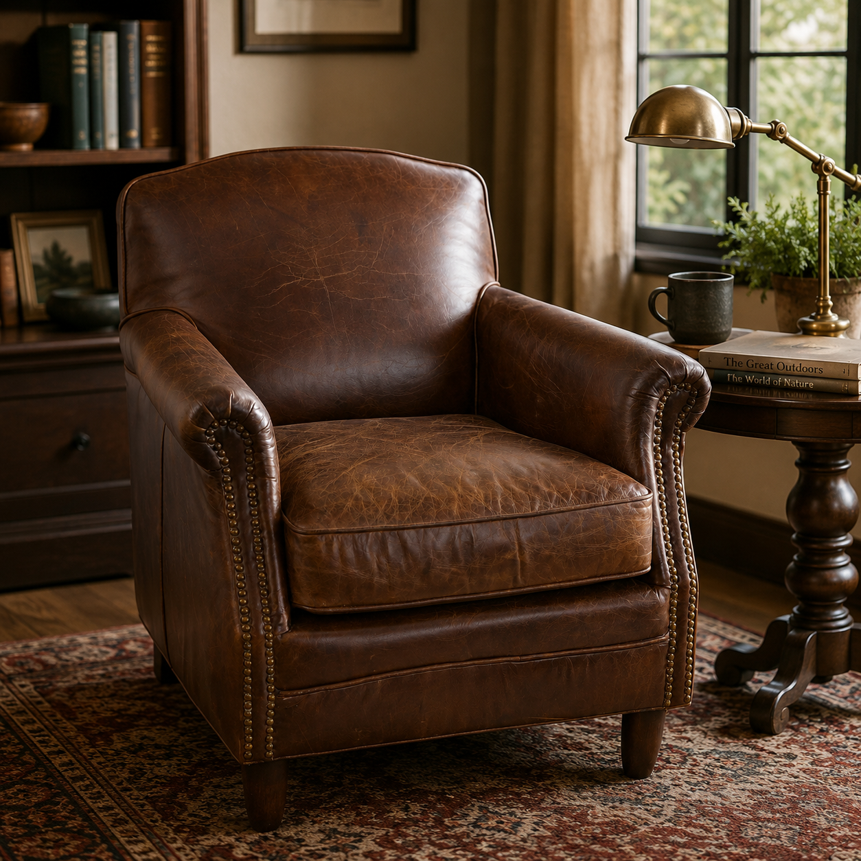 Vintage studded front tan club chair in a traditional room setting