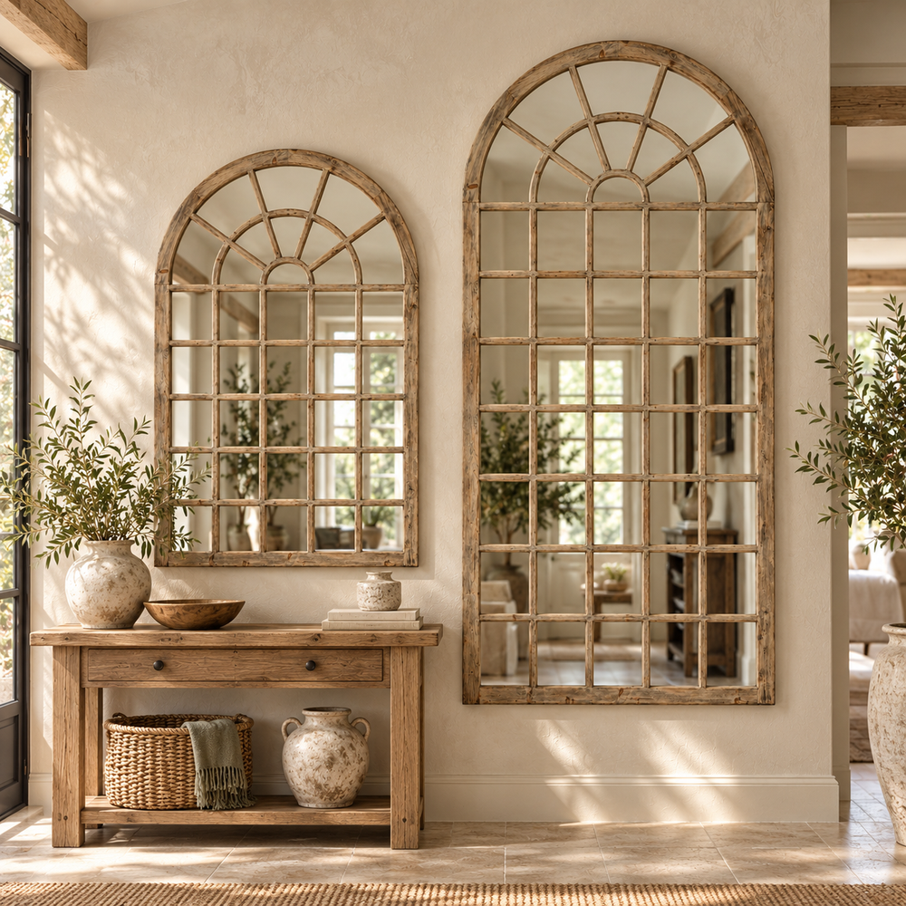 Small and large Vintage Wall Mirrors with arched window frames in weathered wood, above a rustic console table with stone vases and olive branches